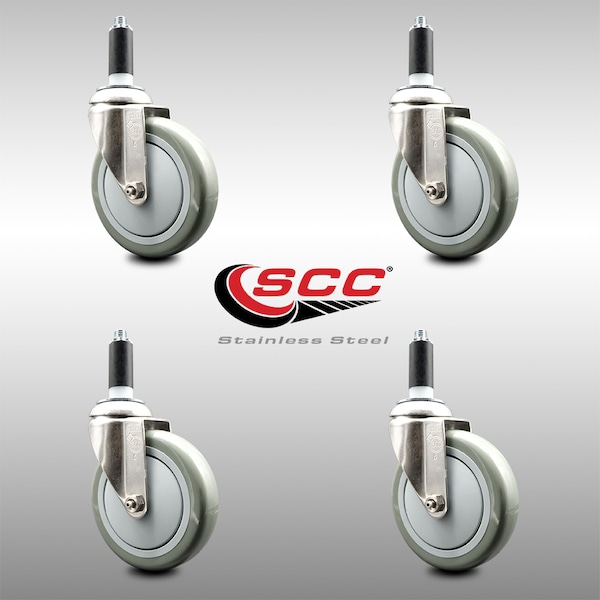 5 Inch 316SS Gray Polyurethane Swivel 1-1/8 Inch Expanding Stem Caster Set SCC